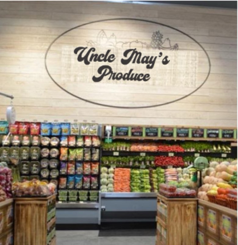 Interior of Uncle May's Produce store with fresh produce displays
